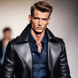 A handsome, slim male model walking the runway adorned in a leather coat, jeans and stylish jewelry.