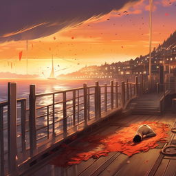 Complete the Makoto Shinkai-inspired illustration series. Balance an atmosphere of celebration with sorrow. The shoreline exults and bells ring in the distance, contrasting with a lone figure walking mournfully along the deck where the captain lies, lifeless.