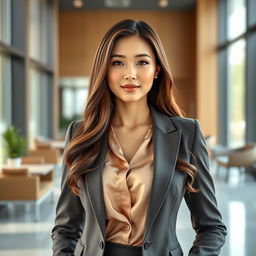 A beautiful South Korean woman with large breasts, elegantly dressed as a manager in a corporate setting