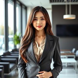 A beautiful South Korean woman with large breasts, elegantly dressed as a manager in a corporate setting