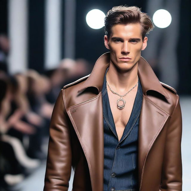 A handsome, slim male model walking the runway adorned in a leather coat, jeans and stylish jewelry.