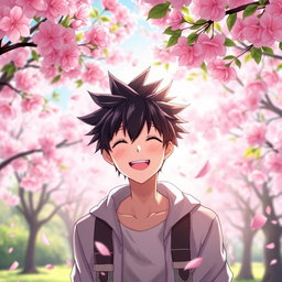 An anime male character smiling warmly in a beautiful cherry blossom park, surrounded by vibrant pink cherry blossom trees in full bloom