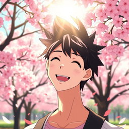 An anime male character smiling warmly in a beautiful cherry blossom park, surrounded by vibrant pink cherry blossom trees in full bloom