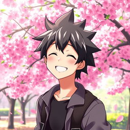 An anime male character smiling warmly in a beautiful cherry blossom park, surrounded by vibrant pink cherry blossom trees in full bloom