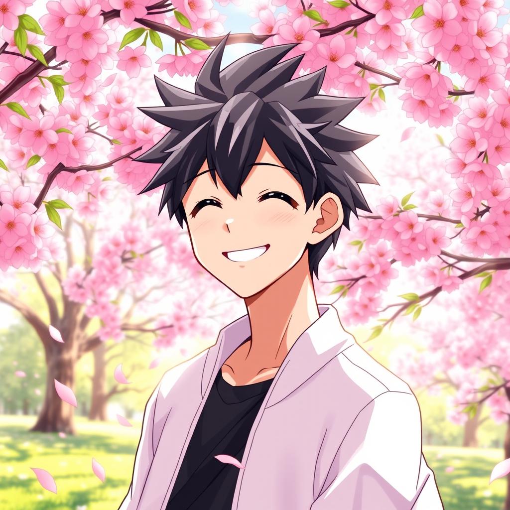 An anime male character smiling warmly in a beautiful cherry blossom park, surrounded by vibrant pink cherry blossom trees in full bloom