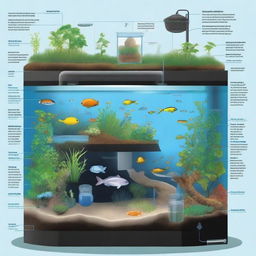 A detailed diagram displaying an aquarium as an ecosystem, illustrating different components such as fish, plants, water chemistry, and filtration system