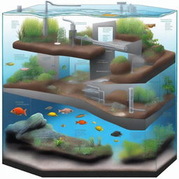 A detailed diagram displaying an aquarium as an ecosystem, illustrating different components such as fish, plants, water chemistry, and filtration system