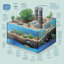 A detailed diagram displaying an aquarium as an ecosystem, illustrating different components such as fish, plants, water chemistry, and filtration system