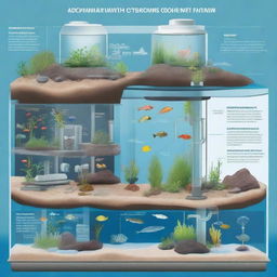 A detailed diagram displaying an aquarium as an ecosystem, illustrating different components such as fish, plants, water chemistry, and filtration system