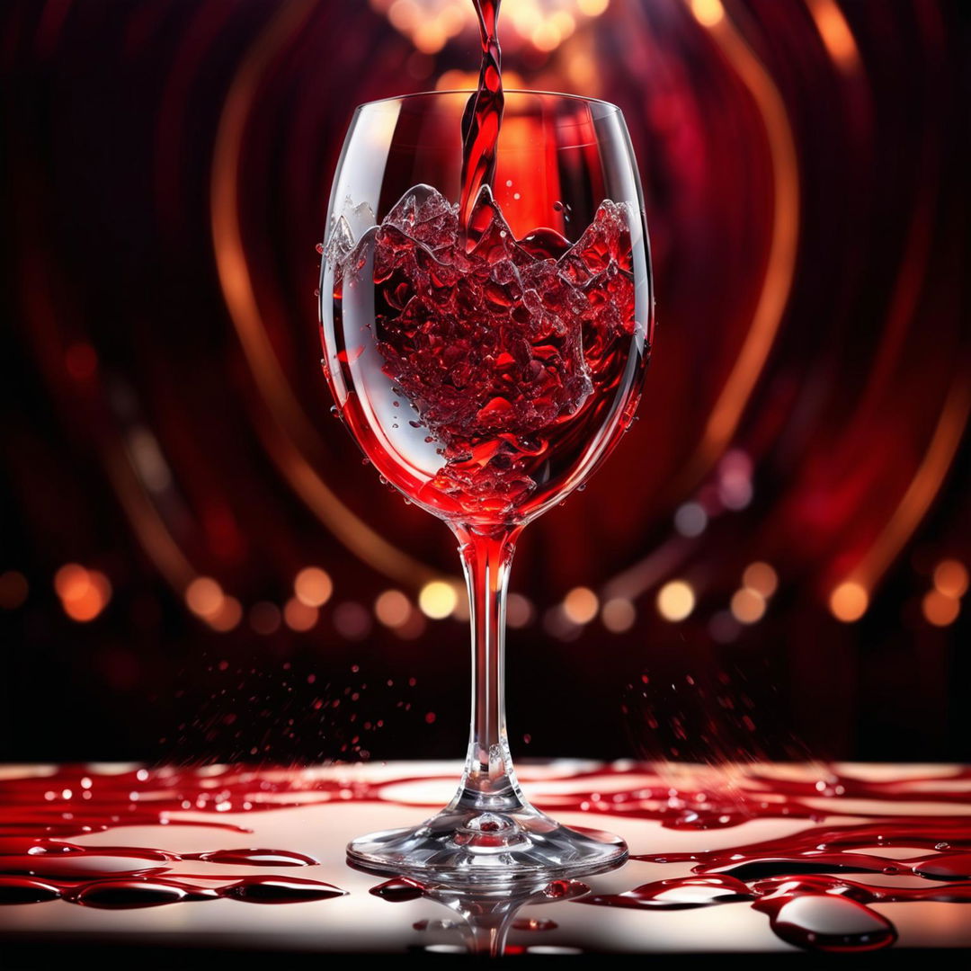 An opulent digital art piece featuring a crystal glass filled with the most expensive, glorious pour of deep ruby red wine.