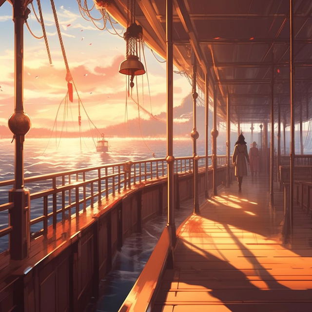 Complete the Makoto Shinkai-inspired illustration series. Balance an atmosphere of celebration with sorrow. The shoreline exults and bells ring in the distance, contrasting with a lone figure walking mournfully along the deck where the captain lies, lifeless.