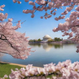 A beautiful day in Washington DC, showcasing the stunning cherry blossoms in full bloom around the Tidal Basin, with the iconic monuments subtly visible in the background