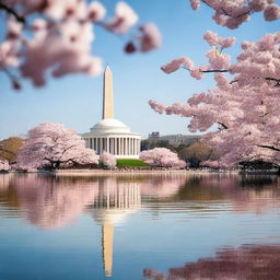 A beautiful day in Washington DC, showcasing the stunning cherry blossoms in full bloom around the Tidal Basin, with the iconic monuments subtly visible in the background