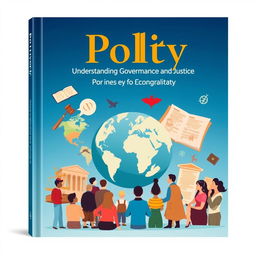 An educational book cover design for a subject titled 'Polity', featuring an illustrated globe, intricate political maps, and symbols of governance like a gavel, scales of justice, and a constitutional document
