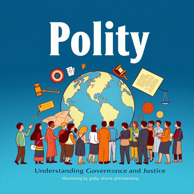 An educational book cover design for a subject titled 'Polity', featuring an illustrated globe, intricate political maps, and symbols of governance like a gavel, scales of justice, and a constitutional document