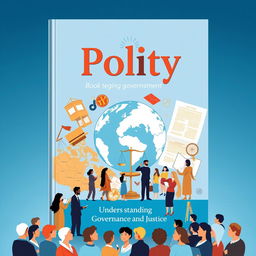 An educational book cover design for a subject titled 'Polity', featuring an illustrated globe, intricate political maps, and symbols of governance like a gavel, scales of justice, and a constitutional document