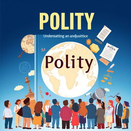 An educational book cover design for a subject titled 'Polity', featuring an illustrated globe, intricate political maps, and symbols of governance like a gavel, scales of justice, and a constitutional document