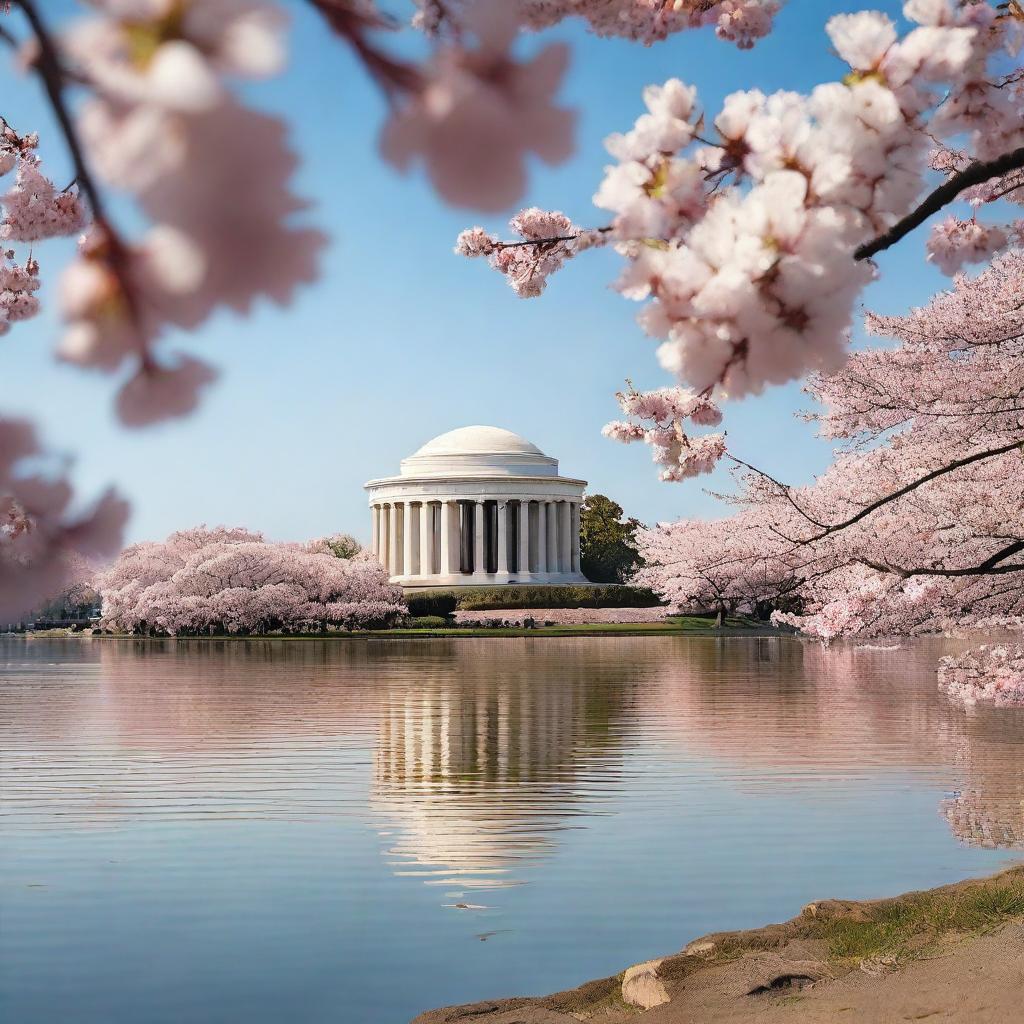 A beautiful day in Washington DC, showcasing the stunning cherry blossoms in full bloom around the Tidal Basin, with the iconic monuments subtly visible in the background