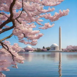 A beautiful day in Washington DC, showcasing the stunning cherry blossoms in full bloom around the Tidal Basin, with the iconic monuments subtly visible in the background