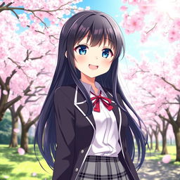A 21-year-old anime female character with long, flowing black hair and bright blue eyes, smiling joyfully in a picturesque cherry blossom park