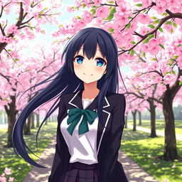 A 21-year-old anime female character with long, flowing black hair and bright blue eyes, smiling joyfully in a picturesque cherry blossom park