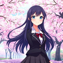 A 21-year-old anime female character with long, flowing black hair and bright blue eyes, smiling joyfully in a picturesque cherry blossom park