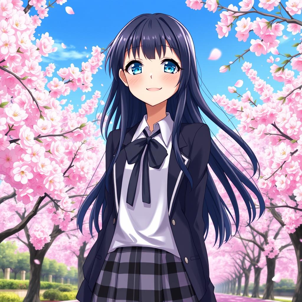 A 21-year-old anime female character with long, flowing black hair and bright blue eyes, smiling joyfully in a picturesque cherry blossom park