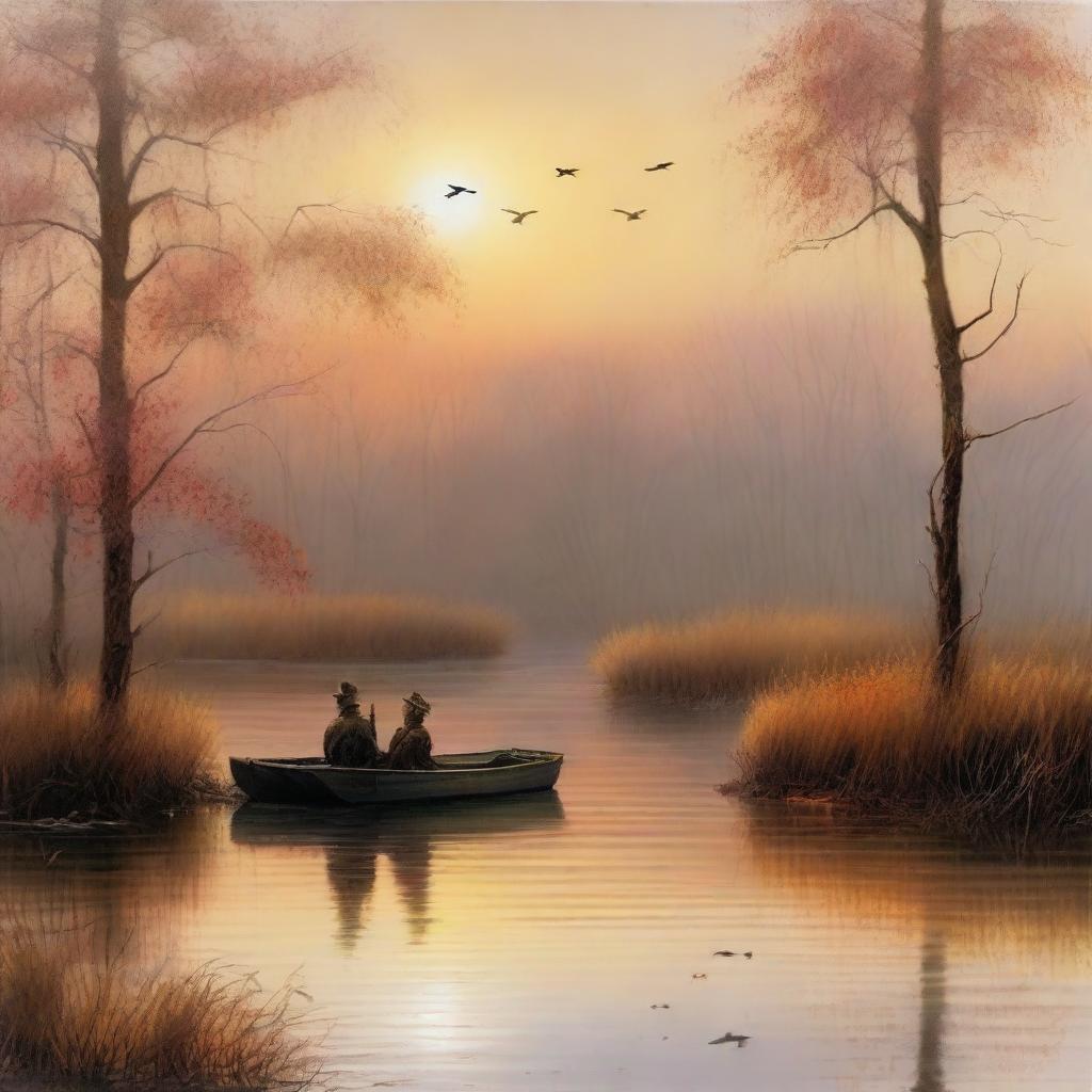 Depict duck hunters positioned in a marsh on a crisp Fall morning, ready for a shoot