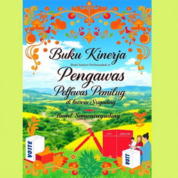 A beautiful and vibrant illustration of an election monitor's performance book titled 'Buku Kinerja Pengawas Pemilu di Bumi Sawerigading'