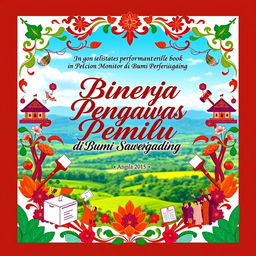 A beautiful and vibrant illustration of an election monitor's performance book titled 'Buku Kinerja Pengawas Pemilu di Bumi Sawerigading'