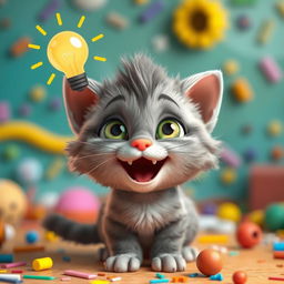 A cute gray kitten with green eyes, displaying a joyful expression as it has an idea, with a lightbulb appearing above its head