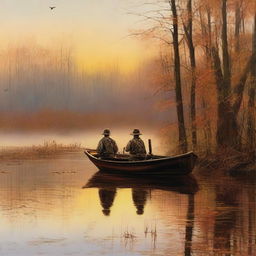 Depict duck hunters positioned in a marsh on a crisp Fall morning, ready for a shoot