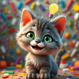 A cute gray kitten with green eyes, displaying a joyful expression as it has an idea, with a lightbulb appearing above its head