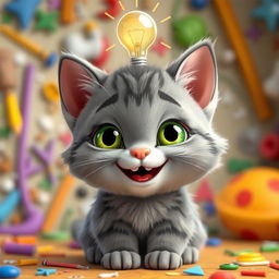 A cute gray kitten with green eyes, displaying a joyful expression as it has an idea, with a lightbulb appearing above its head