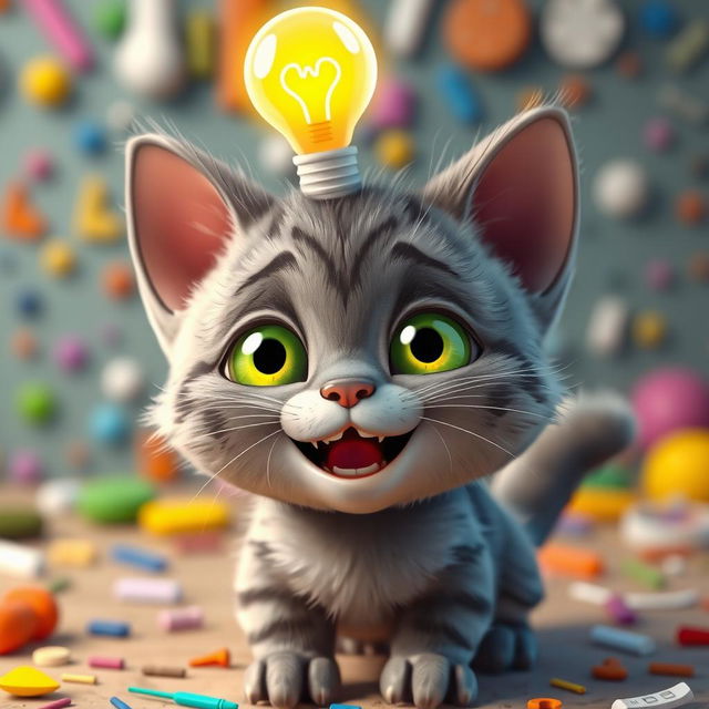 A cute gray kitten with green eyes, displaying a joyful expression as it has an idea, with a lightbulb appearing above its head