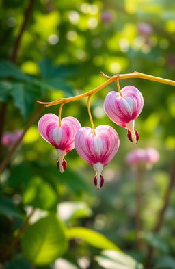 A beautiful and realistic depiction of a bleeding heart flower (Dicentra spectabilis) in full bloom, showcasing its delicate pink and white heart-shaped petals