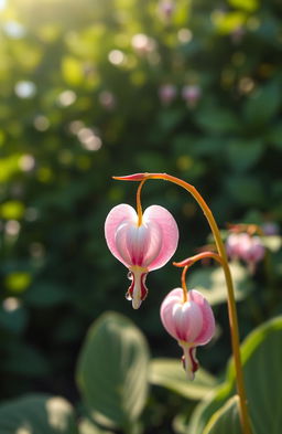 A beautiful and realistic depiction of a bleeding heart flower (Dicentra spectabilis) in full bloom, showcasing its delicate pink and white heart-shaped petals