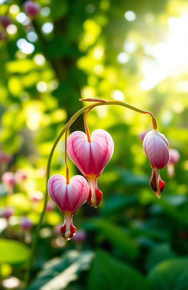 A beautiful and realistic depiction of a bleeding heart flower (Dicentra spectabilis) in full bloom, showcasing its delicate pink and white heart-shaped petals