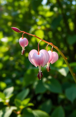 A beautiful and realistic depiction of a bleeding heart flower (Dicentra spectabilis) in full bloom, showcasing its delicate pink and white heart-shaped petals