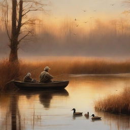 Depict duck hunters positioned in a marsh on a crisp Fall morning, ready for a shoot