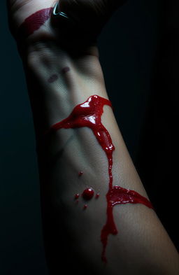 A dramatic close-up of a human forearm displaying various scars and fresh blood, emphasizing the details of the skin texture and the contrast between the red blood and the light skin tone