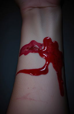 A dramatic close-up of a human forearm displaying various scars and fresh blood, emphasizing the details of the skin texture and the contrast between the red blood and the light skin tone
