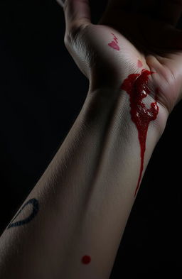 A dramatic close-up of a human forearm displaying various scars and fresh blood, emphasizing the details of the skin texture and the contrast between the red blood and the light skin tone