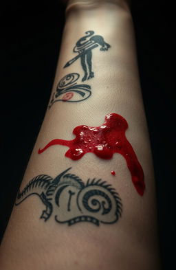 A dramatic close-up of a human forearm displaying various scars and fresh blood, emphasizing the details of the skin texture and the contrast between the red blood and the light skin tone