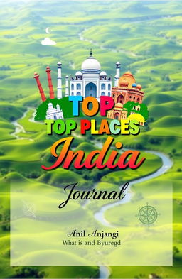 A vibrant book cover titled "Top Places in India" featuring a colorful collage of iconic Indian landmarks like the Taj Mahal, the Gateway of India, and the Jaipur City Palace