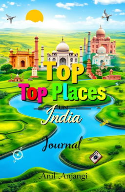 A vibrant book cover titled "Top Places in India" featuring a colorful collage of iconic Indian landmarks like the Taj Mahal, the Gateway of India, and the Jaipur City Palace