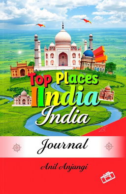 A vibrant book cover titled "Top Places in India" featuring a colorful collage of iconic Indian landmarks like the Taj Mahal, the Gateway of India, and the Jaipur City Palace