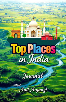 A vibrant book cover titled "Top Places in India" featuring a colorful collage of iconic Indian landmarks like the Taj Mahal, the Gateway of India, and the Jaipur City Palace