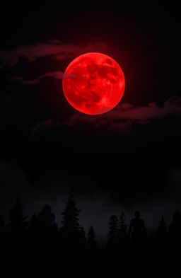A striking and atmospheric depiction of a blood moon rising over a dark, mysterious landscape