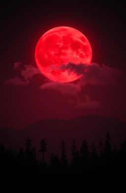 A striking and atmospheric depiction of a blood moon rising over a dark, mysterious landscape
